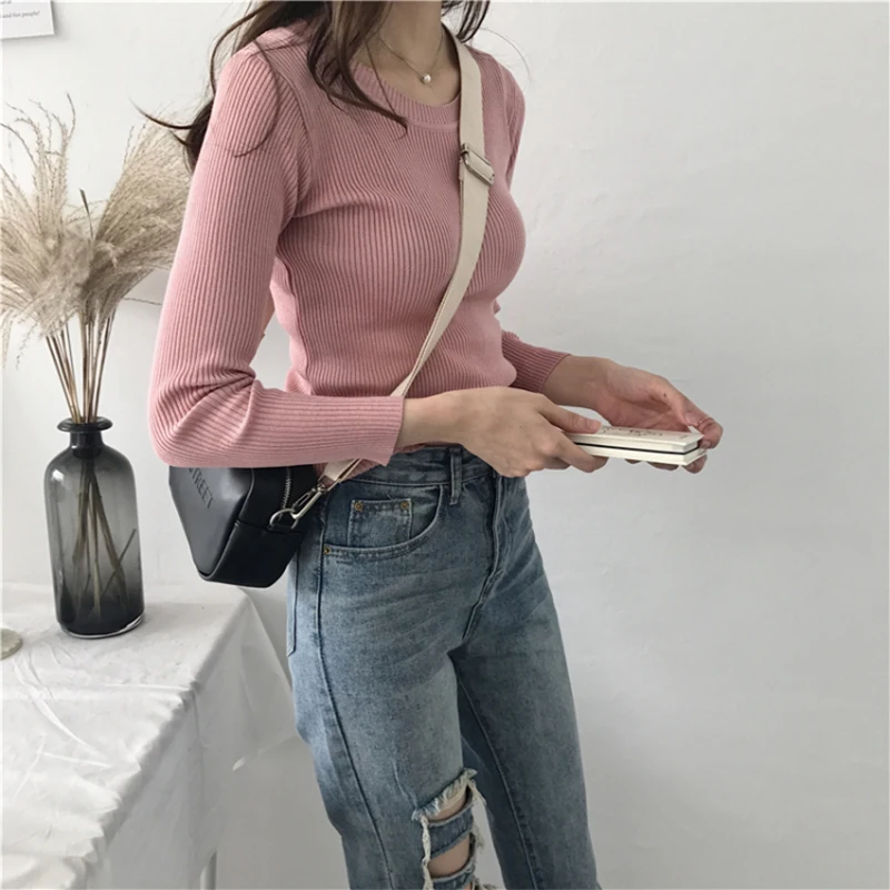 2022 Autumn Winter O-Neck Ribbed Pullover Knitted Women Long Sleeve Slim Elasticity Jumper Ladies Cotton Soft Green Sweater Tops