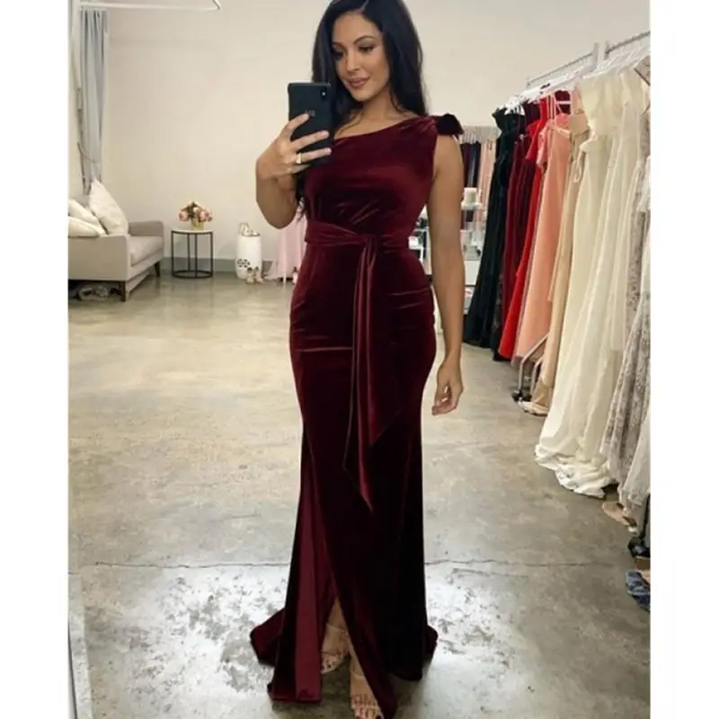 Burgundy Velvet Evening Dresses One Shoulder Side Split Mermaid floor length Formal Occasion Prom Dresses Custom Made