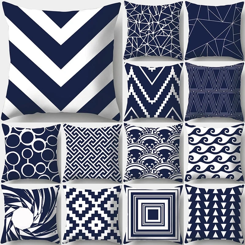 Dark Blue Geometric Print Decorative Cushions Pillowcase Polyester Cushion Cover Throw Pillow Sofa Decoration Pillowcover 45*45