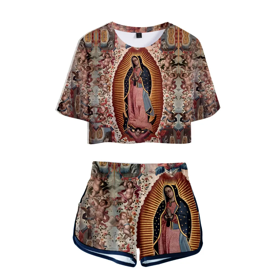Deutsche Diego De Guadalupe Jungfrau Maria 3D T-Shirt Damen Trainingsanzug 2-teiliges Set Crop Tops und Shorts Casual Cosplay Shorts Set