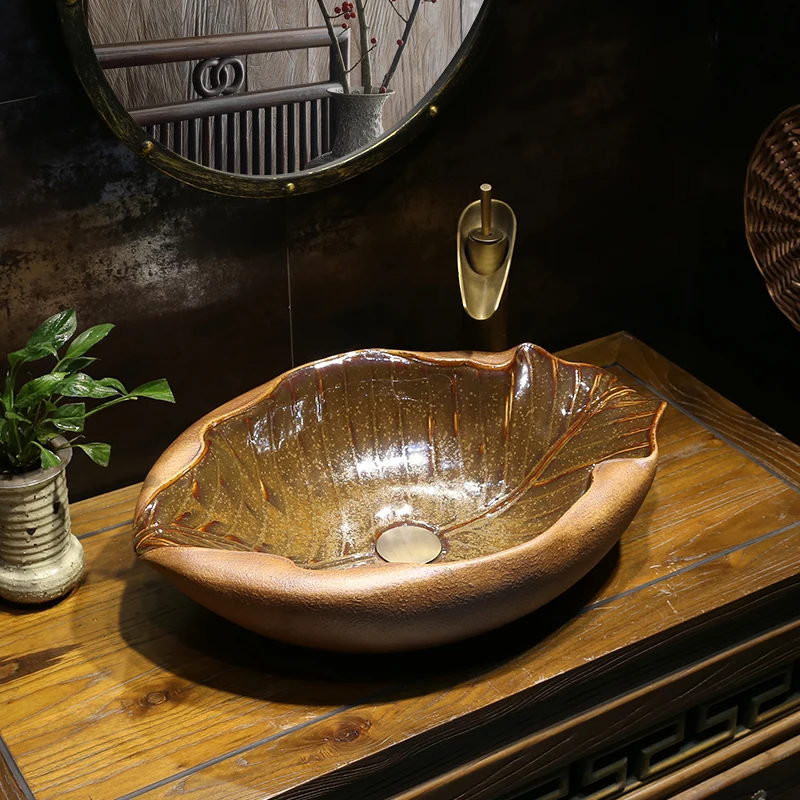 Jingdezhen factory directly art hand painted ceramic wash basin bathroom sinks leaf shape