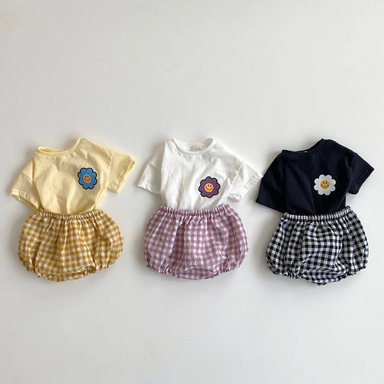 2025 Summer New Toddler Kids Baby Girl Clothes Set Cute Flower Print T Shirt Tops + Plaid Pp Shorts 2pcs Cotton Casual Baby Set