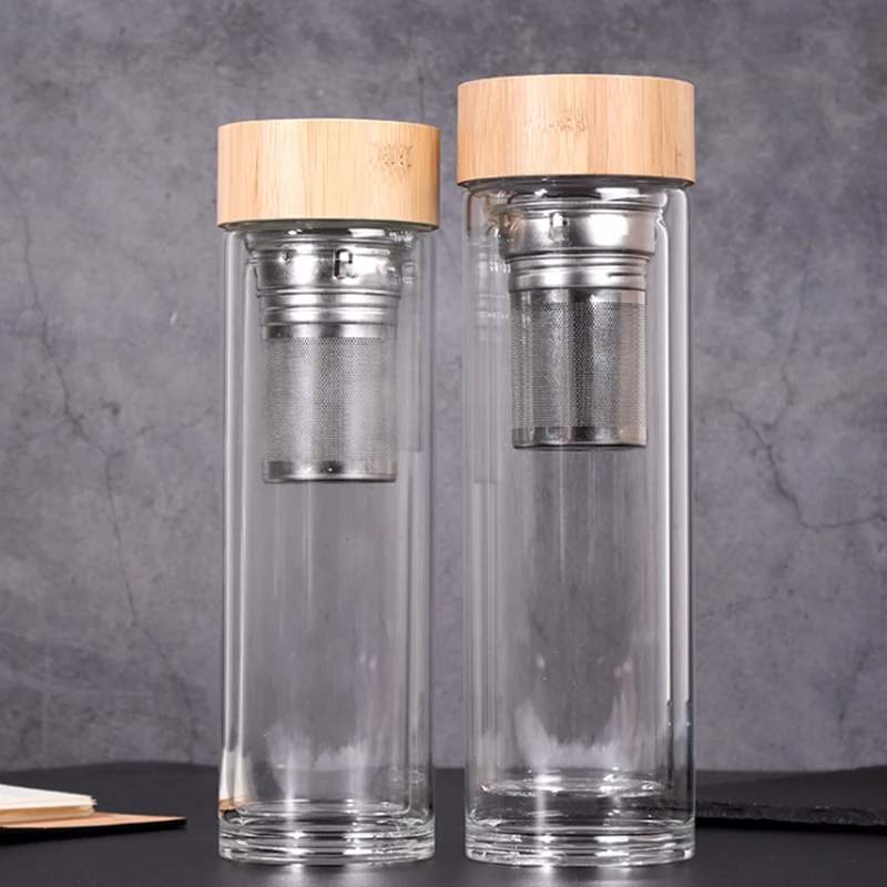 

450ml 500ml Bamboo Lid Water Cups Double Walled Glass Tea Tumbler With Strainer And Infuser Basket Glass Water Bottles