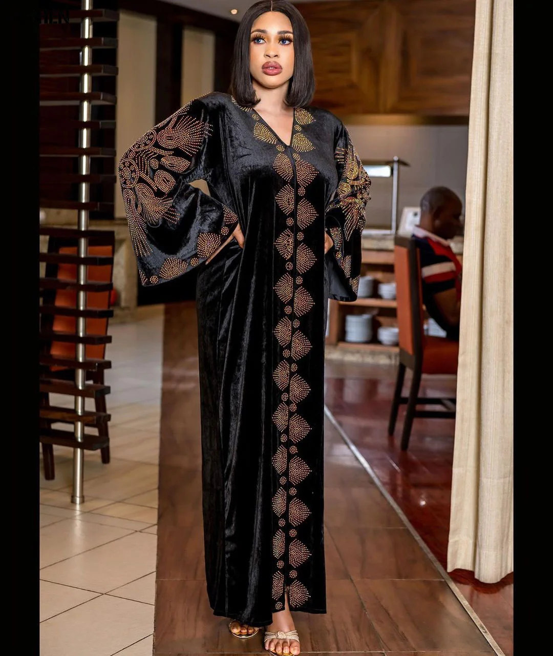 

Velvet Long Maxi Dress African Dresses for Women 2023 Winter African Clothes Dashiki Ruffle Sleeve Boubou Robe Africaine Femme