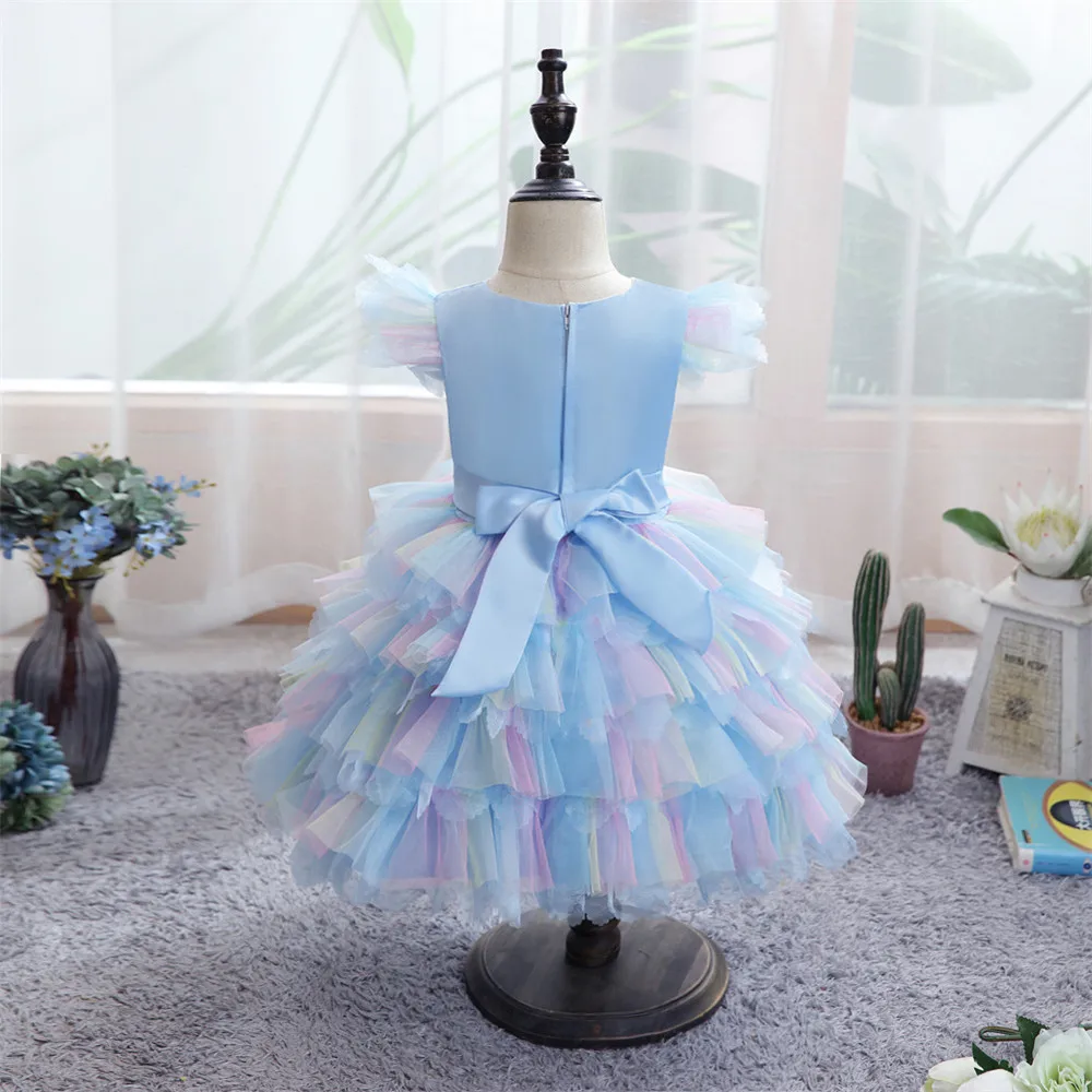 Robes de princesse d'anniversaire pour filles, en Tulle, à fleurs, arc-en-ciel, en dentelle, avec nœud papillon, robe de bal pour filles de 0 à 4 ans, bleu