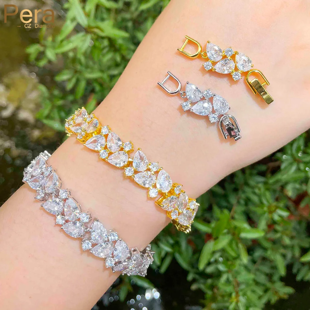 

Pera Fantastic Shiny CZ Crystal Women Chain Bracelets Bangles for Brides Fashion Leaf Charm Engagement Wedding Jewelry Gift B218