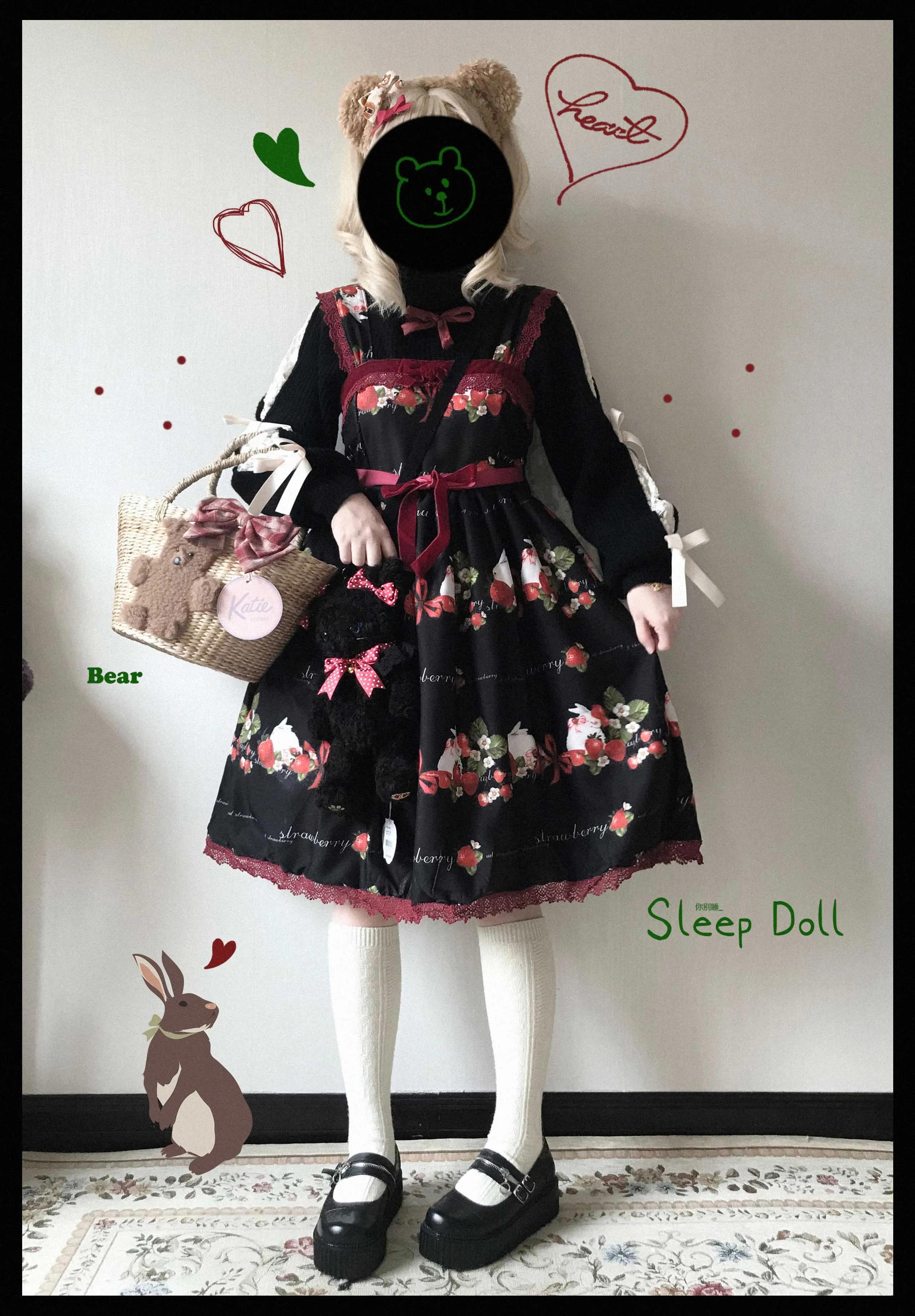 Abito dolce con cinturino lolita vintage fragola bowknot stampa carina vita alta principessa abito vittoriano kawaii ragazza gotica lolita