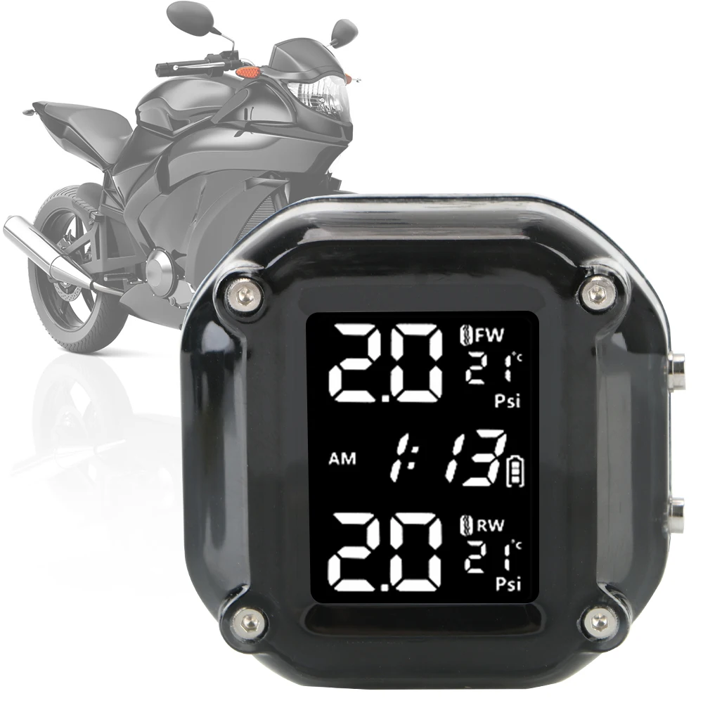 

Motor Tire Pressure Monitoring Alarm System LCD Display Tyre Temperature With 2 External Sensors Wireless Motorcycle TPMS