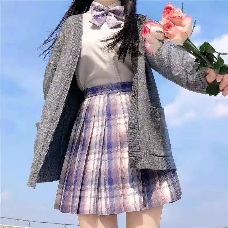 Japanese Jk Uniform Two Piece Suits Women White Long Sleeve Shirts+Purple Plaid Mini Skirt Preppy Style High Waist Skirts Sets