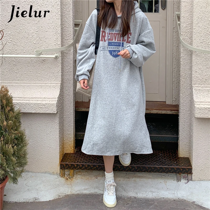 

Jielur Loose Split Long Sleeve Letter Printed Sweatshirt Women Black Casual Preppy Style Hoodies Gray High Street Clothes Female