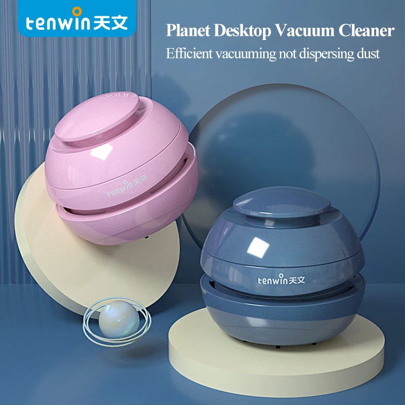 Tenwin Mini Desktop Vacuum Cleaner Round Cute Planet Wireless Portable USB Charging For School Classroom Office School Supplies