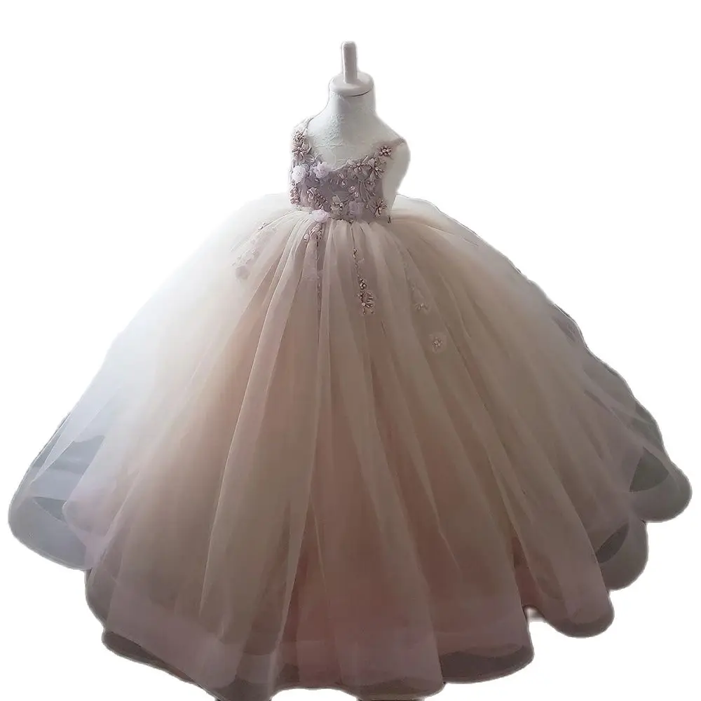 

Puffy A-line Flower Girl Dresses Lace Beading Communion Dress Tulle Sashes Straps Ball Gown Girl Party Dress New Year 2021