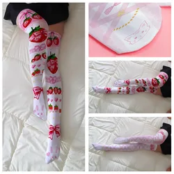 Pink Adorable Anime Tight High Stocking Female 3D Printed Cute Strawberry Cosplay Thin Long Socks Girl Kawaii Lolita Socks