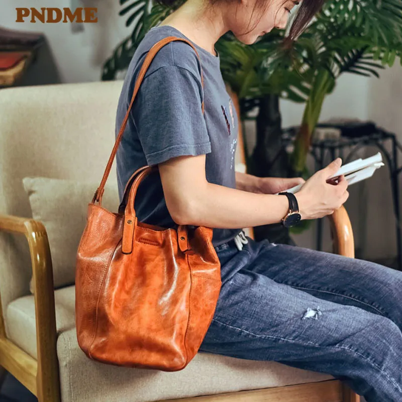 PNDME fashion simple genuine leather women\'s tote bag vintage luxury real cowhide ladies weekend party shopping shoulder bag