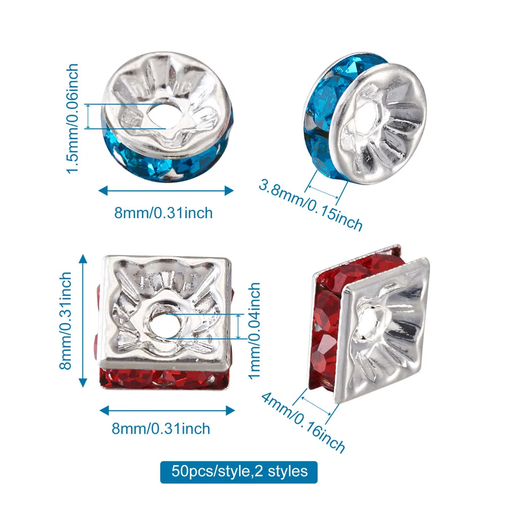 100pcs/Box 8mm Silver Color Square Rondelle Rhinestone Spacer Beads For Jewelry Making DIY Bracelet Necklace Accessories Supplie