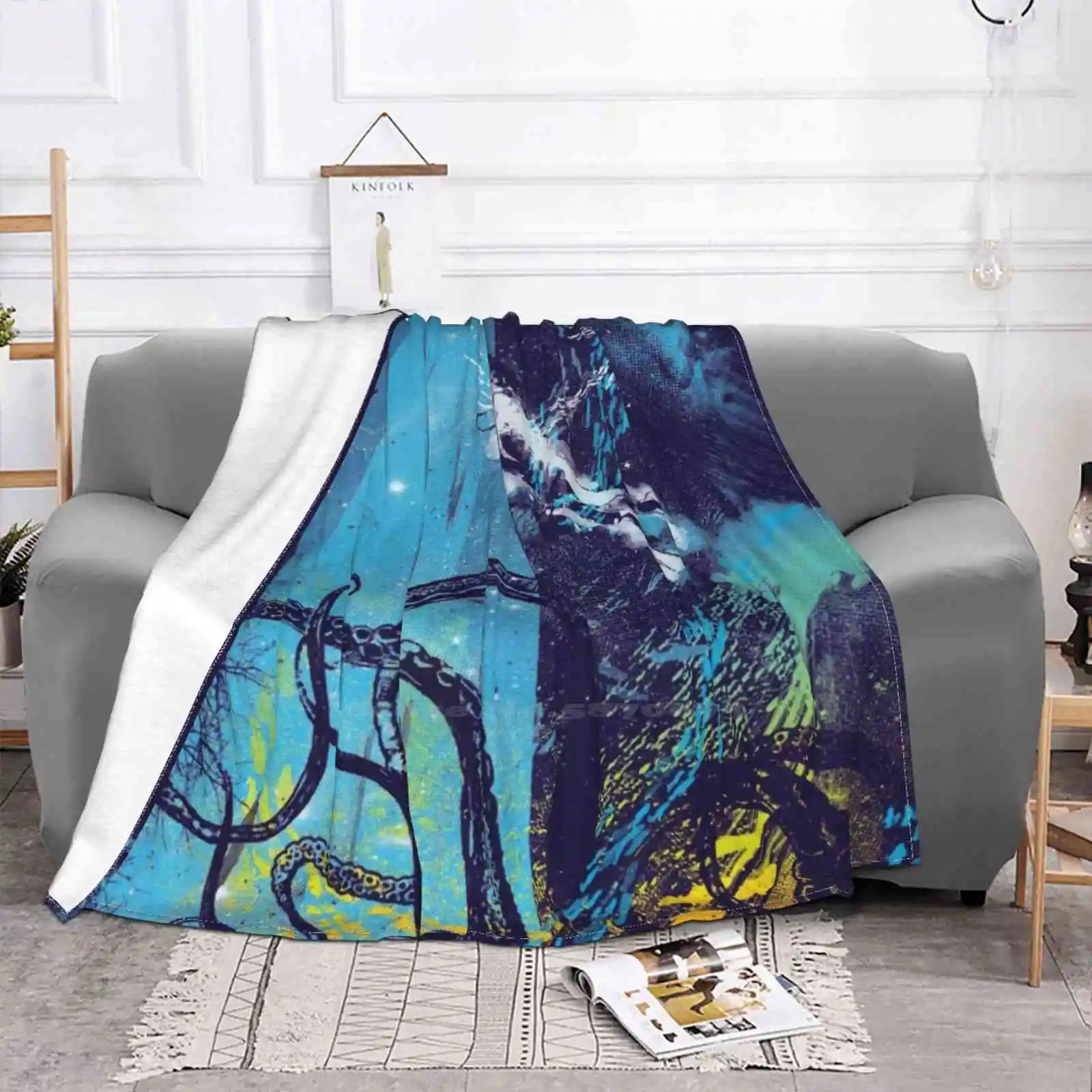 Danger Air Conditioning Blanket Travel Portable Blanket Scuba Sea Blue Octopus Jellyfish Diver Deep Sea Pink Yellow Fishes