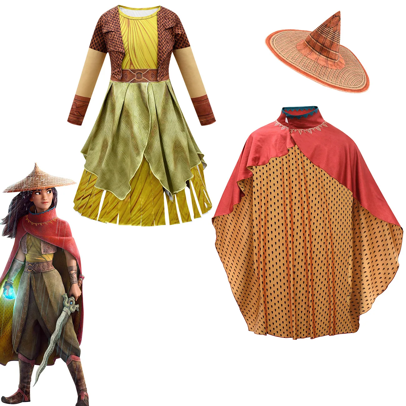 Raya y el último dragón para niños, vestido de capa, sombrero, disfraz de leyenda de Halloween, traje de Raya, vestido de fiesta de Carnaval para niñas