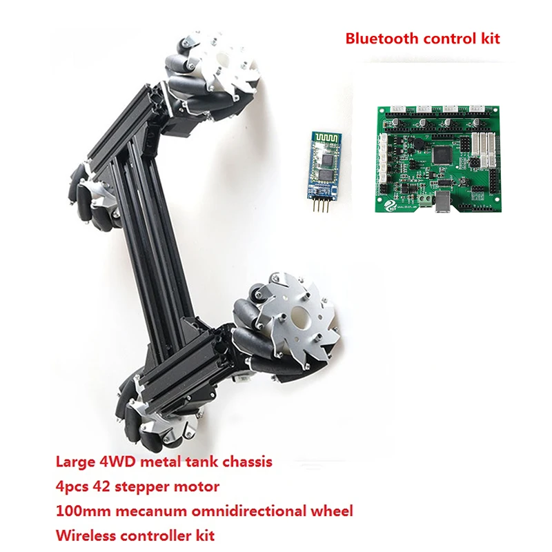 

100mm Mecanum Omni Wheel High Power Metal RC Robot Tank Chassis Kit + Wireless Controller 4pcs 42-Stepper Motor DIY For Arduino