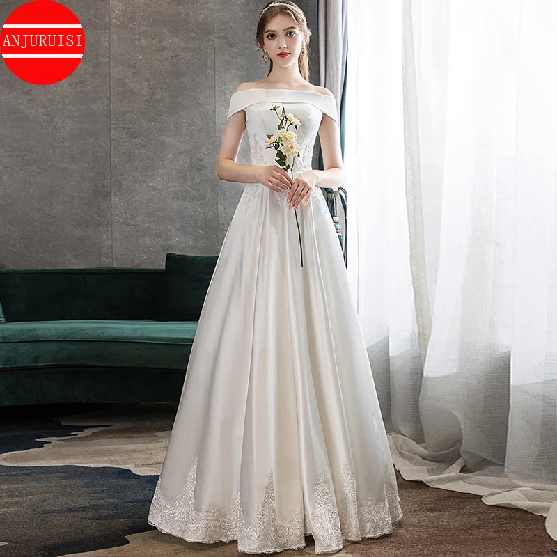 

Off The Shoulder Wedding Dress 2021 Vestidos De Novia Lace Applique A Line Satin Floor Length Bride Gown Robe Mariage Trouwjurk