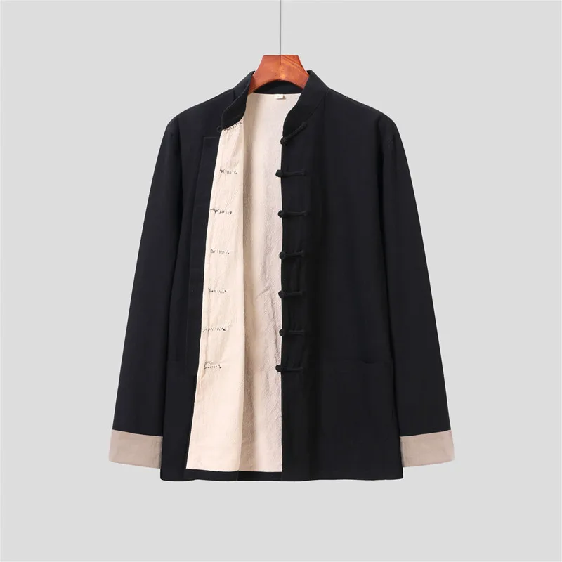 Male Traditional Chinese Style Shirt Retro Autumn Solid Tang Suit Linen Men Buckle Casual Coat Double Layer Thick New Jacket