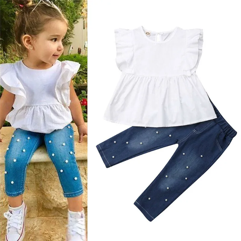 Fashion Kids Girl Clothes Sets Ruffle Sleeveless Top Dress Pearl Denim Pants Jeans Casual Summer Clothing Outfits