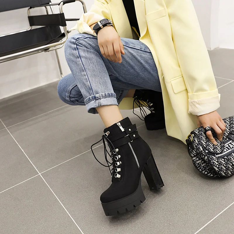 المتضخم قطيع المعادن ثقب دائري حذاء من الجلد سوبر عالية كعب سميك منصة مشبك الدانتيل متابعة سستة الشارع الدافئة المرأة قصيرة التمهيد #5