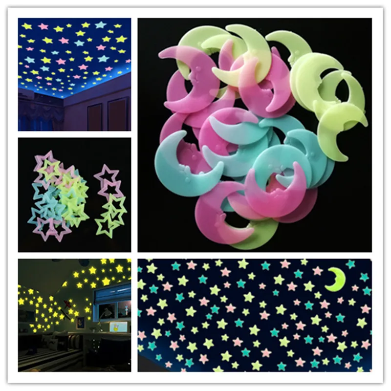 3D Stars Glow In The Dark Wall Stickers Children's Bedroom Ceiling Home Decoration Variety Of Color Moon Refrigerator Stickers