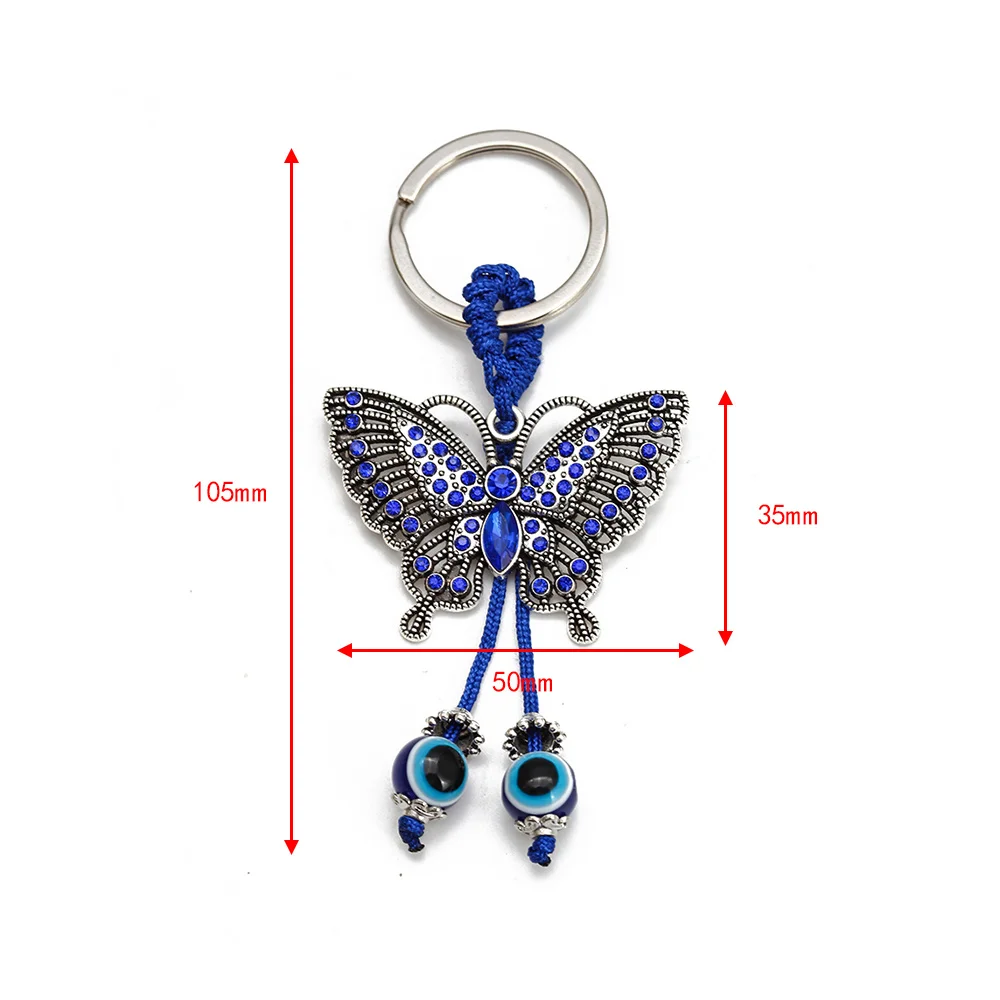 Lucky Eye Alloy Butterfly Pendant Keychain Blue Turkish Evil Eye Bead Tassel Alloy Car key Chain for Women Men Jewelry BE268