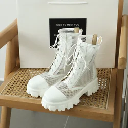 Sexy Breathable Mesh Summer Boots Flat-Bottomed Lace-Up Shiny Patent Leather Stitching Mesh Mesh Street Fashion Women's Shoes