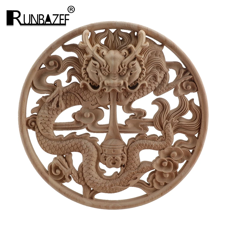 Chinese Dragon Wooden Home Decoration Accessories Wood Carved Corner Onlay Applique Craft Furniture Door Sticker Decor Figurine