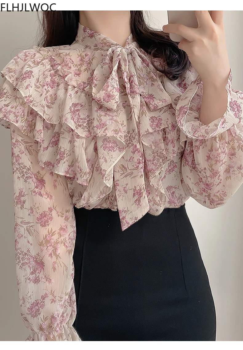 Vintage Solid Shirts Long Sleeve Single Breasted Button Cute Sweet Bow Tie Women Korea Japan Style Ruffled Chic Pink Tops Blusas