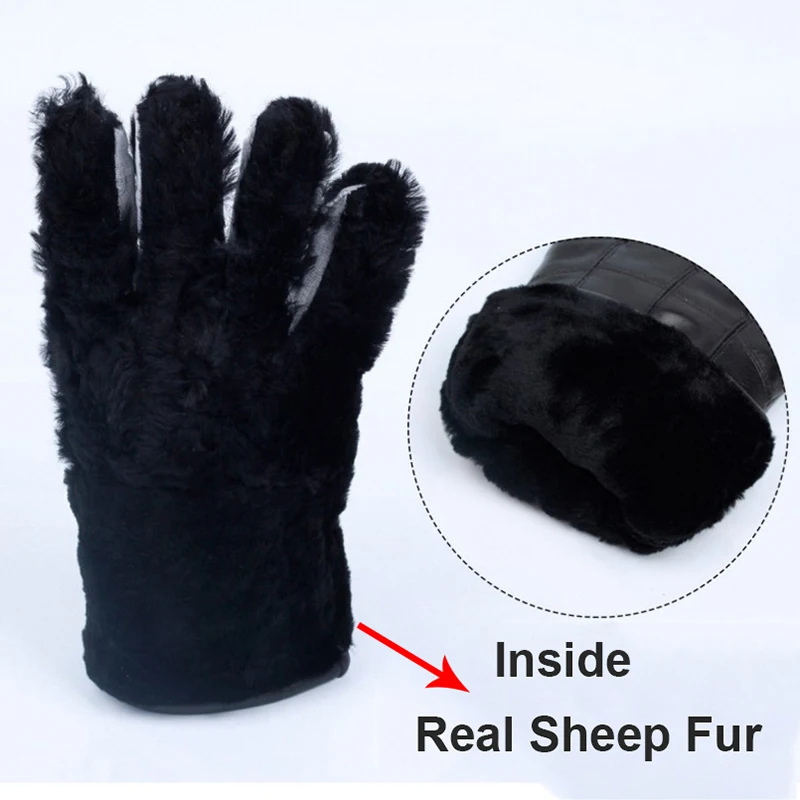 New Men\'s Genuine Leather Winter Fur Gloves Super Warm Men Motorcycle Gloves Waterproof Windproof Male Thick Sheep Fur Glove