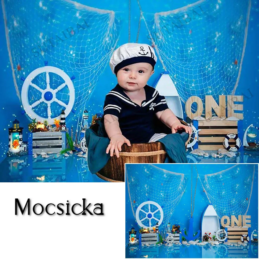 

Summer Voyage Blue Photoshoot Backdrop for Boy One Year Birthday Cake Smash Photography Photo Props Studio Booth Background