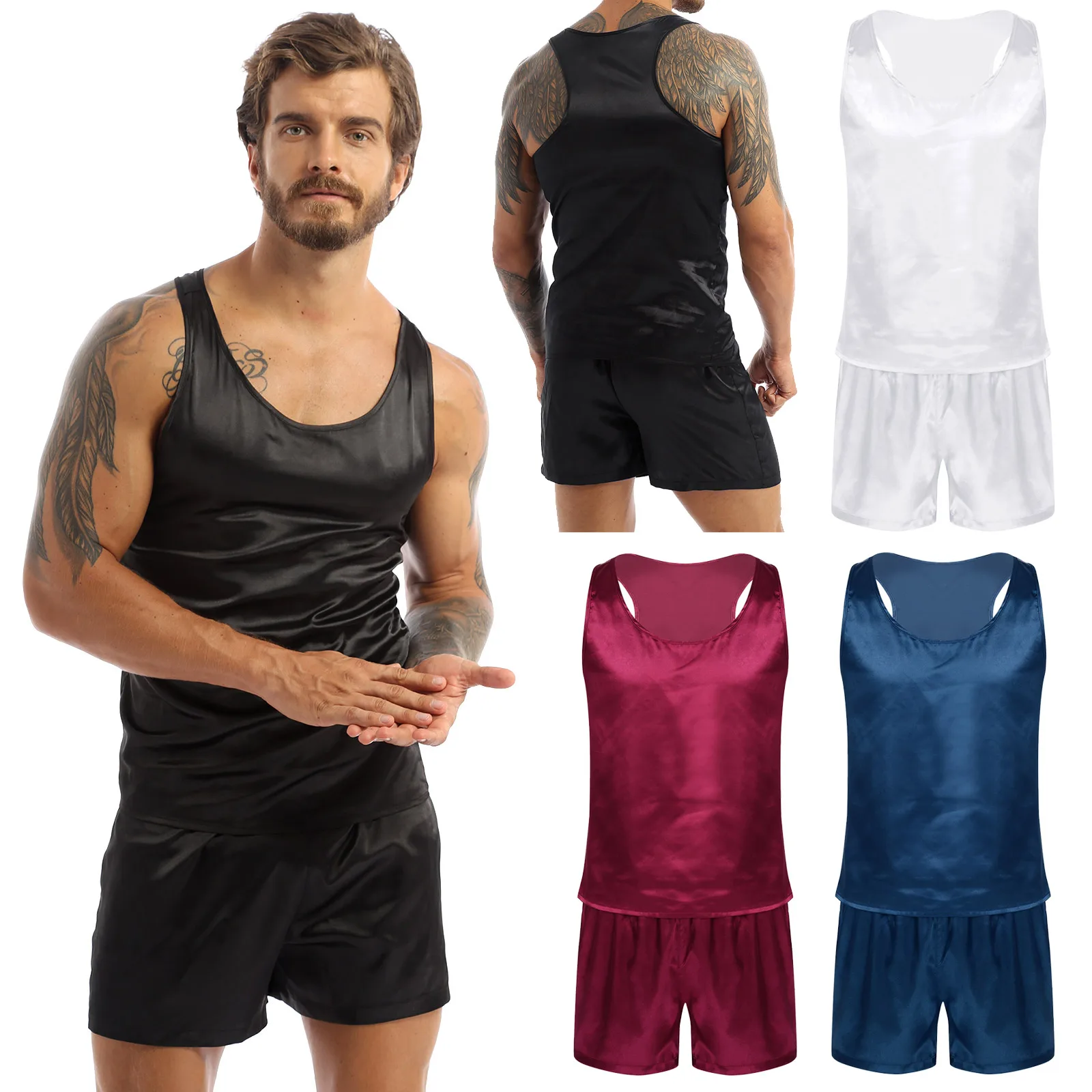 Men Satin Underwear Pajamas Nightwear Sleeveless Tank Top Shorts Sleepwear Nightclothes Summer Nightgown Loungewear Nightwear