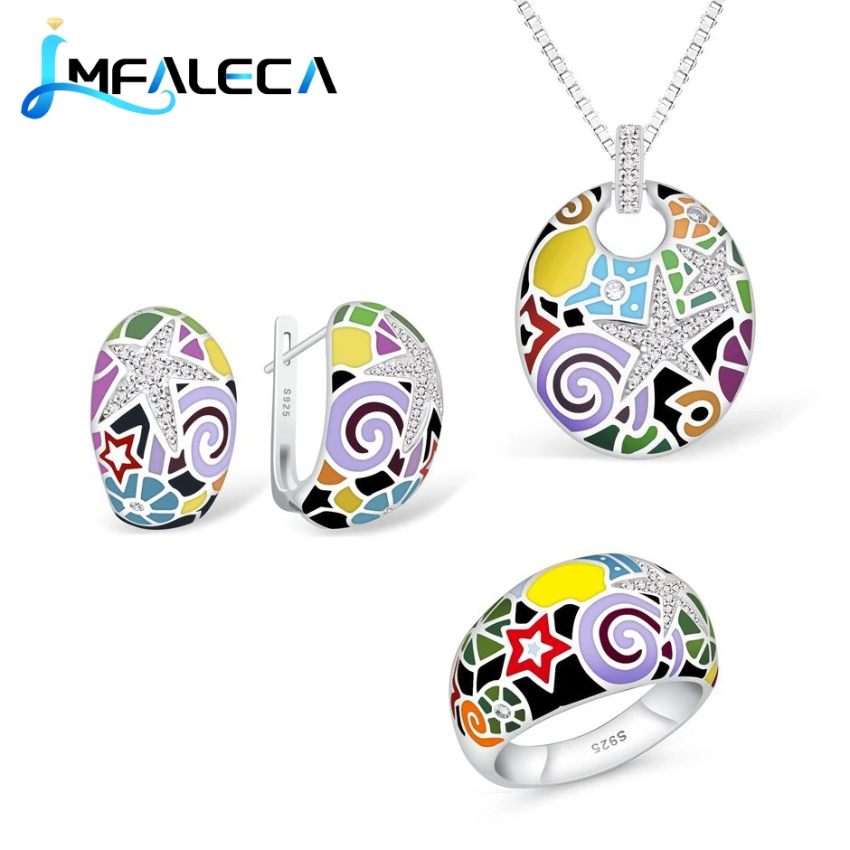 LMFALECA Women 925 Sterling Jewelry Sets Multicolor Enamel Pattern Clip Earrings Ring Necklace Fine Luxury Birthstone Jewelry