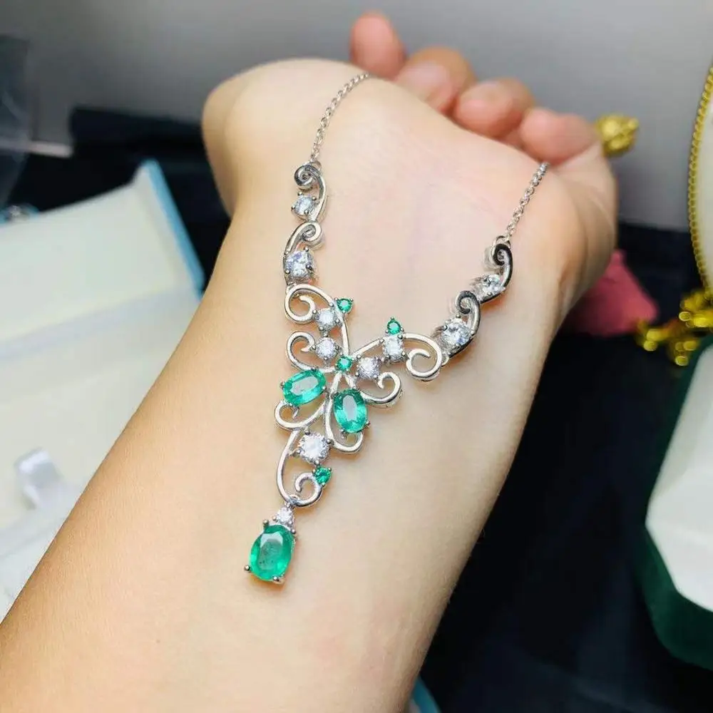 

The best gift for Anniversary Emerald Pendant Solid S925 Sterling Silver Emerald necklace For Women Colour Gem Stone