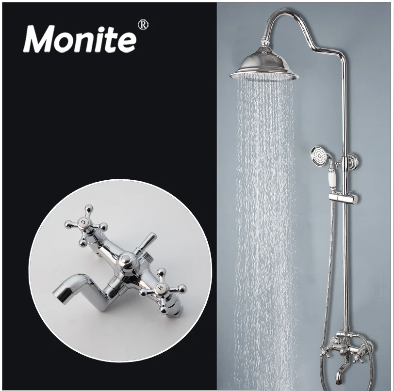 Monite Chrome Polished Bathroom Shower Set Lotus Rain Head Bath Solid Brass Rainfall And Stream Mixer W/Hand Shower Faucet Taps