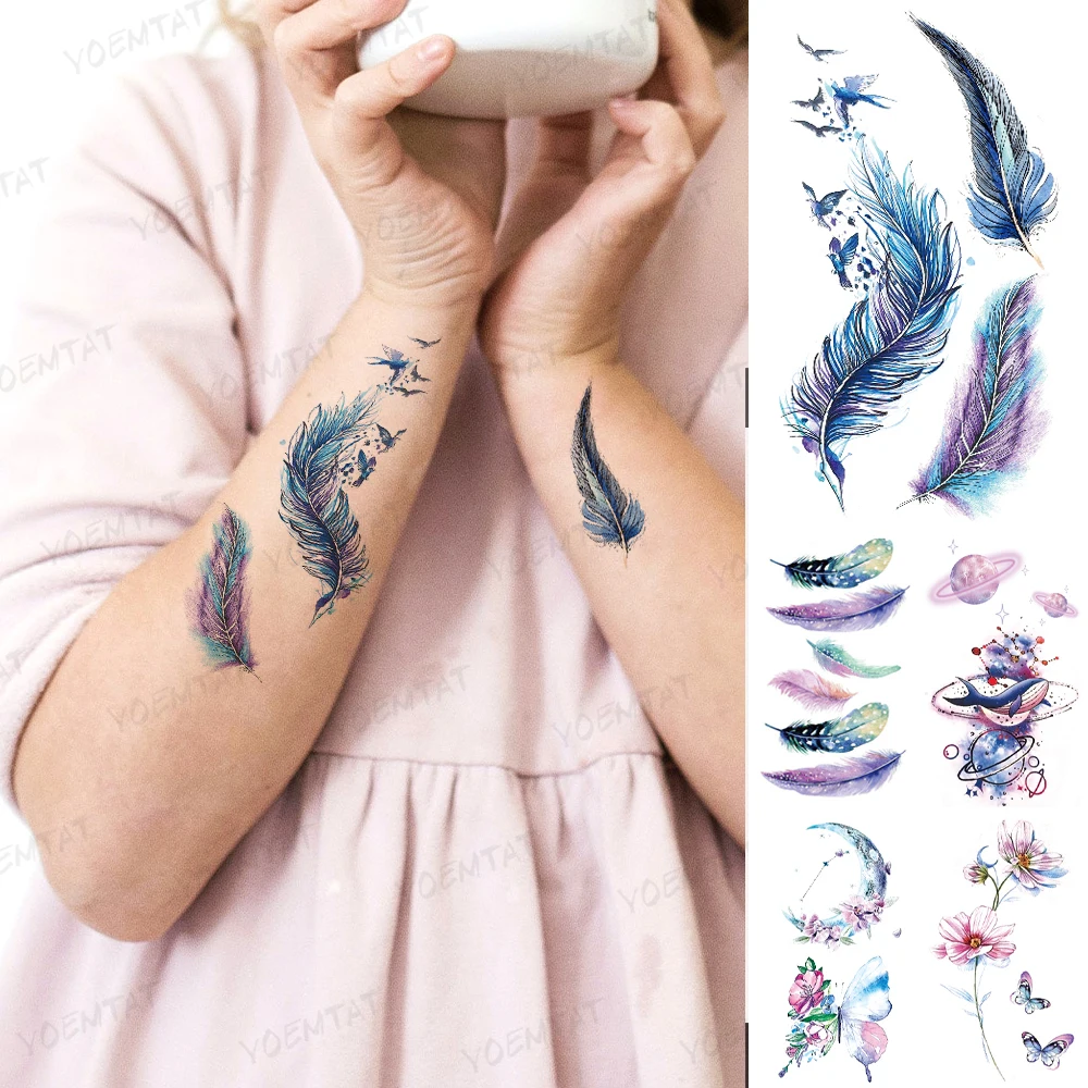 

Waterproof Temporary Tattoo Sticker Bird Flying Feather Realistic Body Art Tatoo Arm Color Blue Tatto Man Woman Child Tattoos