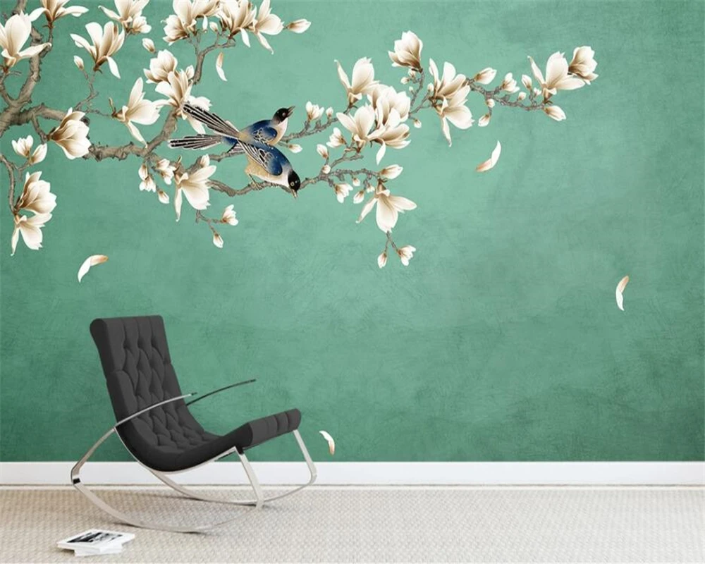 Custom Wallpaper Hand painted brushwork Magnolia Flowers and birds TV Sofa Background wall Relief material self-adhesive mural
