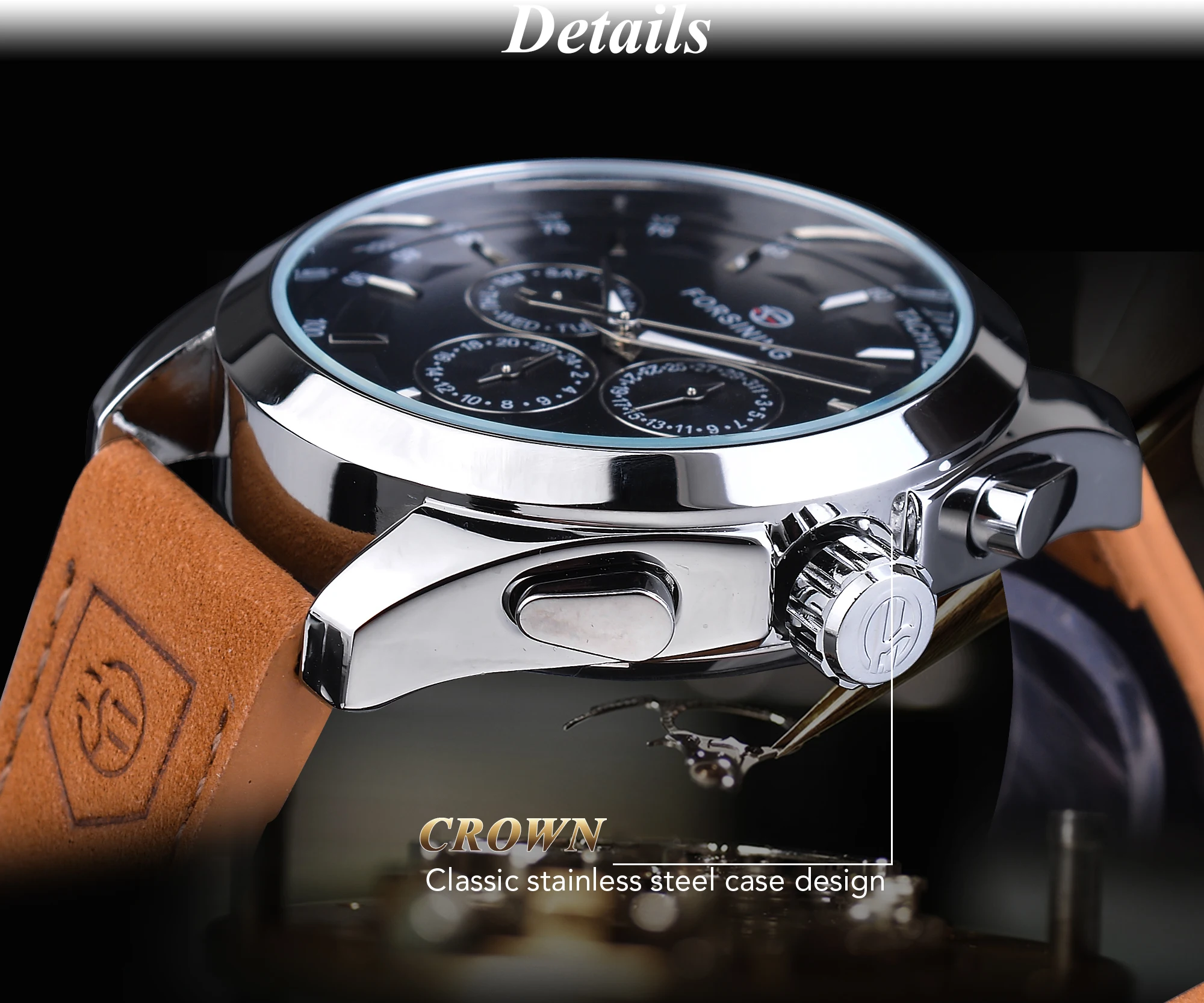 Forsining 3 Dial Automatic Watch Men's Mechanical Watches Black Calendar Display Clock Fashion Luminous Male Wristwatches Reloj