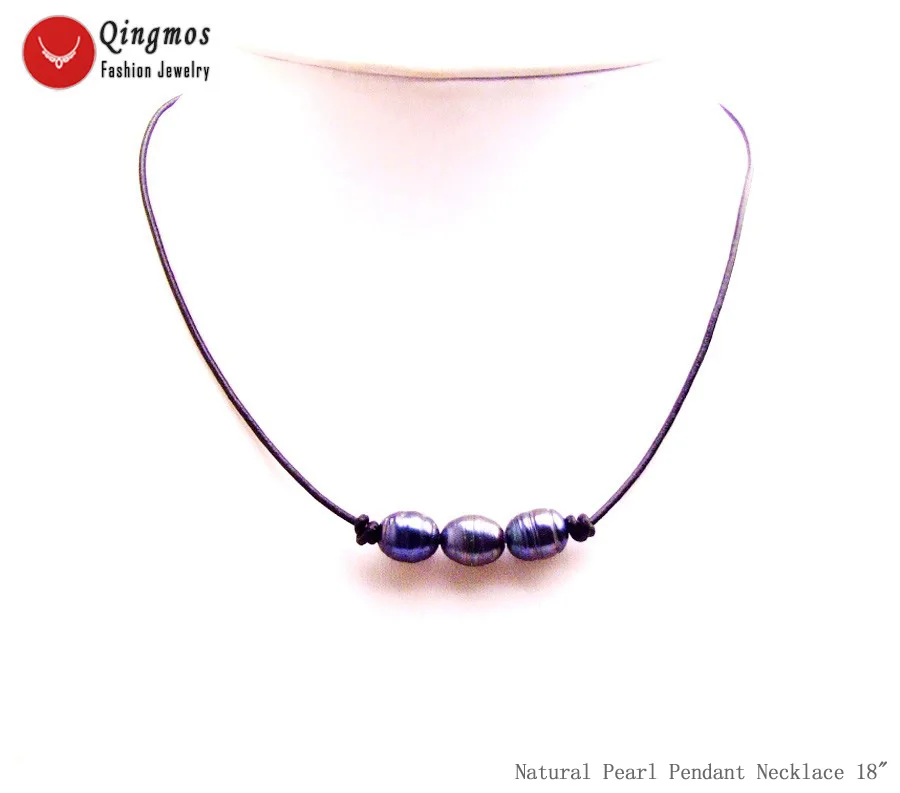 

Qingmos Fashion 10-11mm Rice Natural Freshwater Black Pearl Pendant Necklace for Women with Genuine Leather 18" Chokers ne6584