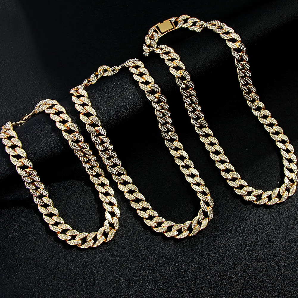 Hip Hop Paved Rhinestones Miami Cuban Chain Necklace For Women Men Bling Gold Silver Color 3 Size Cuban Collar Necklaces Jewelry