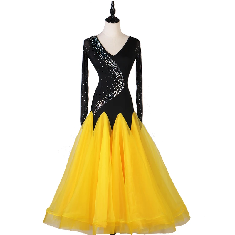 

Waltz Ballroom Dress Dance Competition Costume Stage Performance Outift Evening Gown Party Clothes Rhinestones Long Sleeves