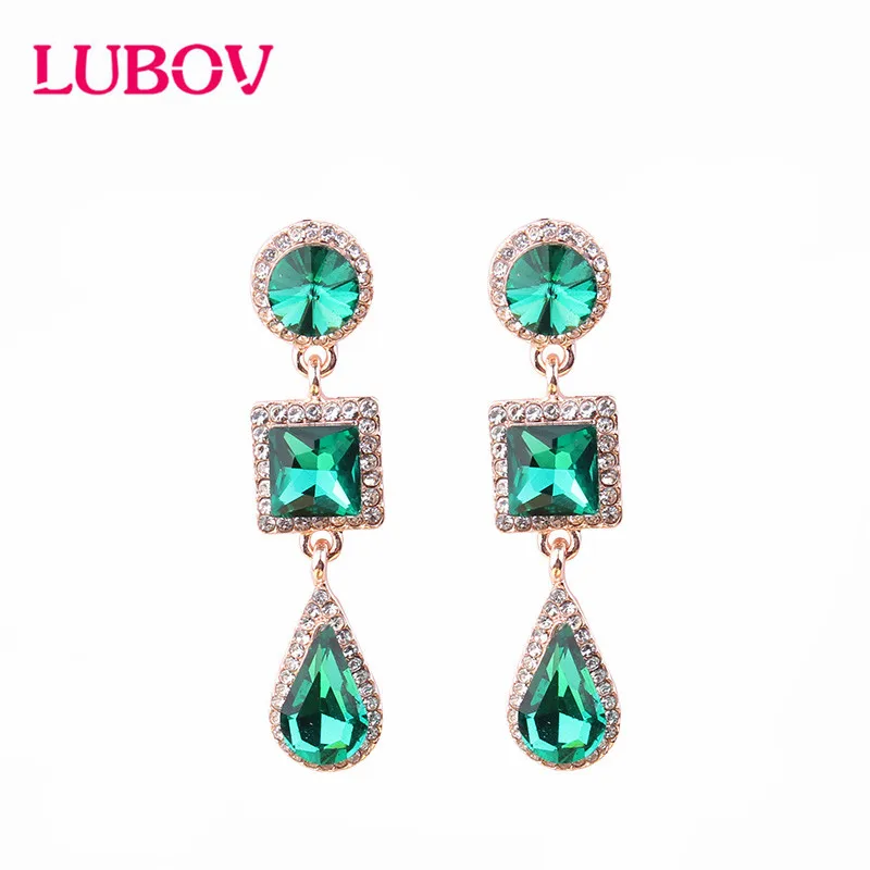 LUBOV Long Earrings White Blue Three Square CZ Stone Crystal Dangle Drop Earrings for Women Fashion Pendientes Jewelry Christmas