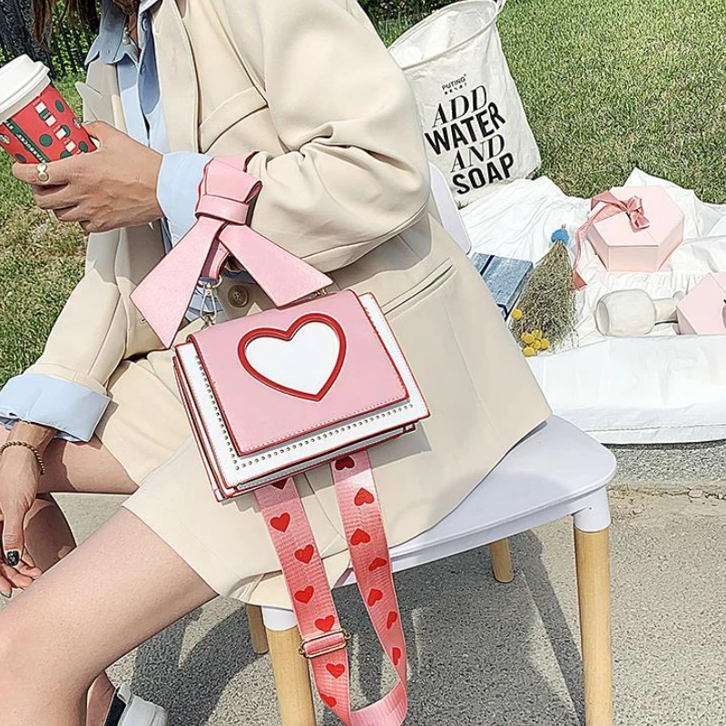 Women Sweet Cute Crossbody Bags Heart Hollow Out Shoulder Bag Students All-match Flap Wide Straps Summer Handbags Ins Chic Purse