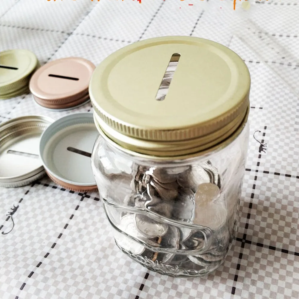 8pcs Coin Slot Piggy Bank Lids Stainless Steel Metal Cap Covers 70mm Mason Jars Storage Ball Canning Jars Slotted Inserts Caps