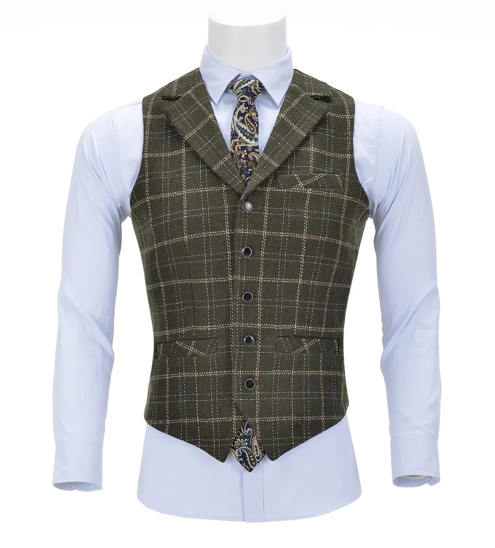 Men's Business Plaid Wool Army Green Vest Slim Fit Single-breasted Cotton Suit Vest Waistcoat For Wedding Formal Vest Groomsmen