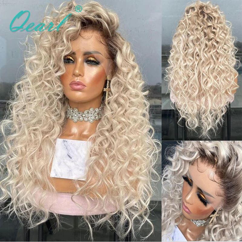 Curly Real Human Hair Full Lace Wig for Women Icy Blonde Lace Frontal Wigs Natural Wig 13x6 Ashy White Glueless 180% Thick Qearl