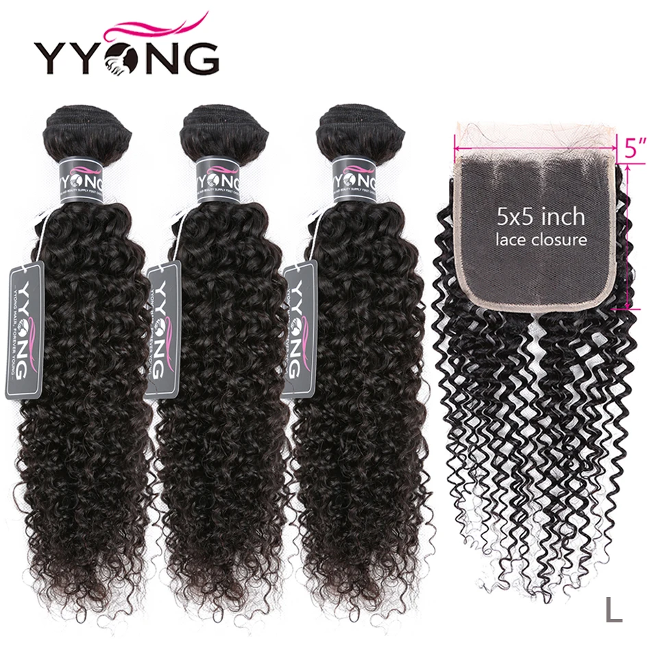 

YYong 5x5 Lace Closure With Curly Bundles Remy Human Hair Brazilian Kinky Curly 3/4 Bundles With Closure