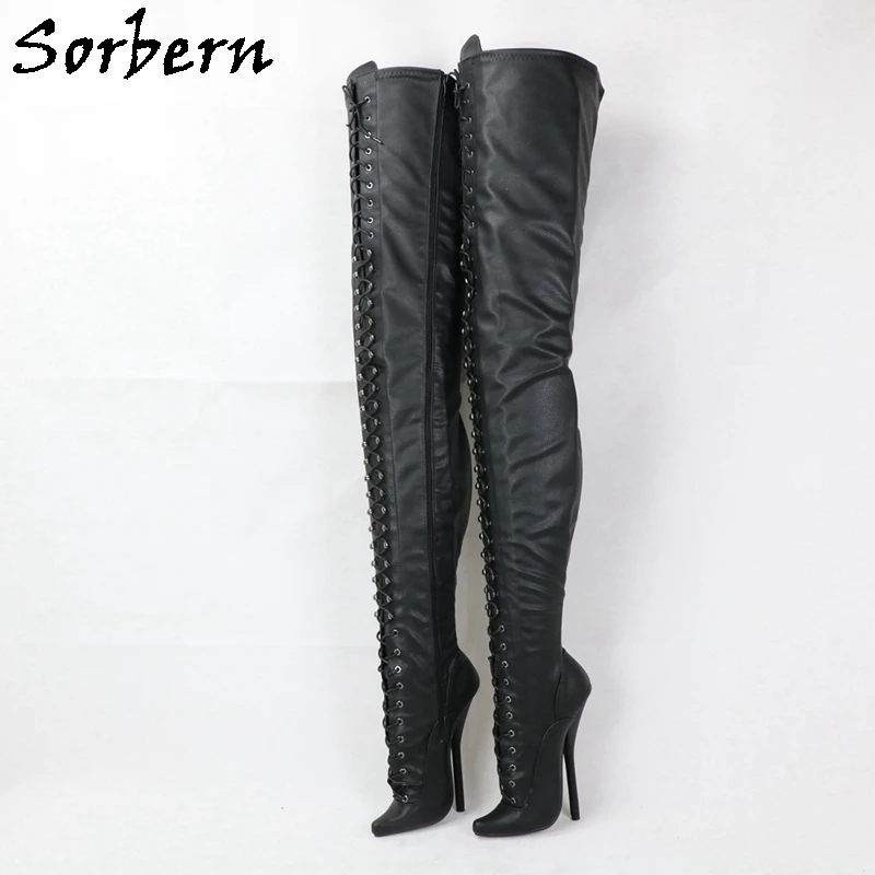 Sorbern-Botas de tacón alto para Ballet, botines sexys de entrepierna larga hasta el muslo, color negro mate con cordones, puntiagudos, Cosplay, Drag Queen, fetiche